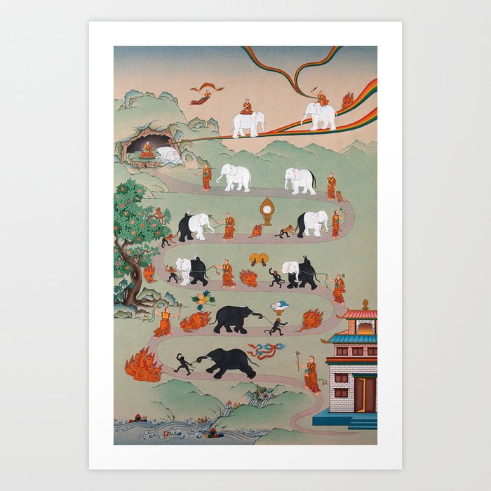 Taming the Elephant Mind Buddhist Thanka Painting Art Print