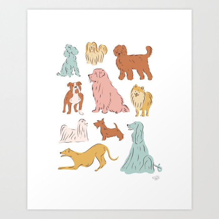 Retro Dogs 1 in Gold Teal and Rust Art Print