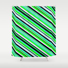 [ Thumbnail: Turquoise, Lime, Lavender, and Black Colored Stripes/Lines Pattern Shower Curtain ]