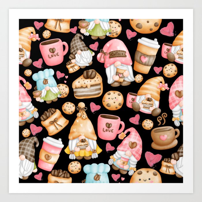 Valentine coffee gnomes seamless pattern Art Print