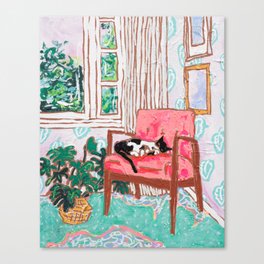 Little Naps - Tuxedo Cat Napping in a Pink Mid-Century Chair by the Window Canvas Print