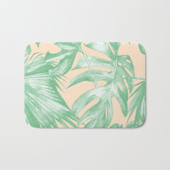 Tropical Leaves Palm Green on Citrus Bath Mat