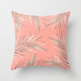 White Gold Palm Leaves on Coral Pink Throw Pillow