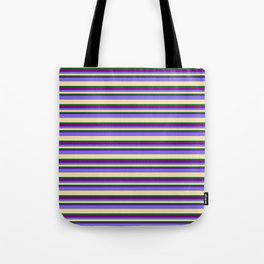 [ Thumbnail: Medium Slate Blue, Tan, Dark Green & Purple Colored Pattern of Stripes Tote Bag ]