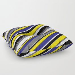 [ Thumbnail: Eyecatching Dim Grey, Mint Cream, Black, Yellow, and Midnight Blue Colored Stripes Pattern Floor Pillow ]