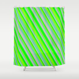 [ Thumbnail: Grey, Lime, Chartreuse, and Aquamarine Colored Lined/Striped Pattern Shower Curtain ]