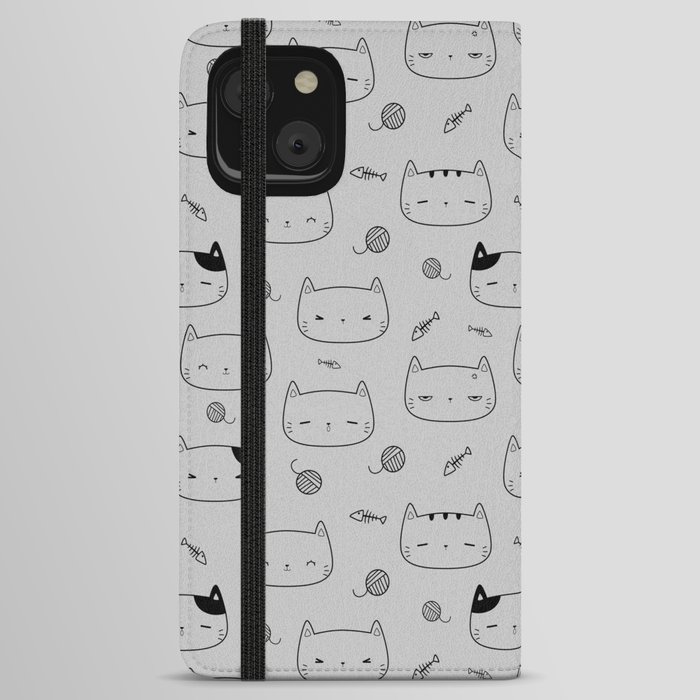 Light Grey and Black Doodle Kitten Faces Pattern iPhone Wallet Case