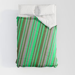 [ Thumbnail: Dark Grey, Green & Dark Olive Green Colored Lines/Stripes Pattern Comforter ]