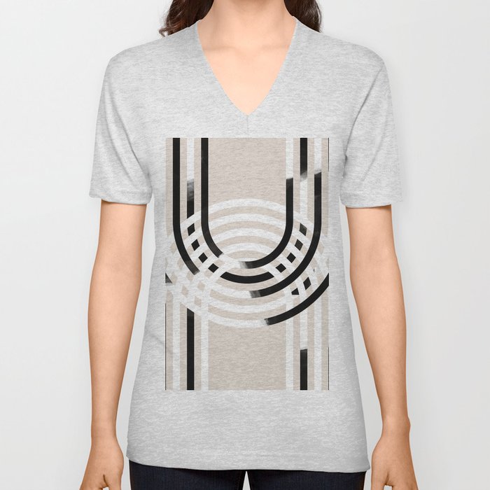 Abstract Stripped Arches in Black and White V Neck T Shirt