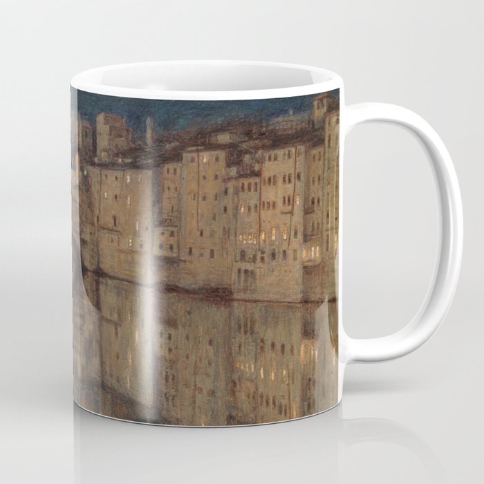 Florence, Italy nightscape city lights reflected River Arno at The Ponte-Vecchio bridge Tuscany landscape painting by William Holman Hunt Coffee Mug