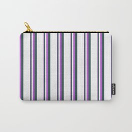 [ Thumbnail: Orchid, Dark Slate Gray & White Colored Stripes/Lines Pattern Carry-All Pouch ]