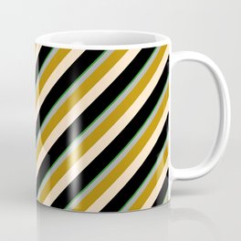 [ Thumbnail: Eyecatching Forest Green, Dark Grey, Dark Goldenrod, Bisque & Black Colored Lines Pattern Coffee Mug ]