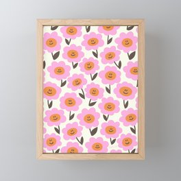 Cute Happy Daisy Pattern Pink and Orange Framed Mini Art Print