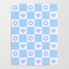 Flower And Heart - Checkered Pattern - Baby Blue Poster