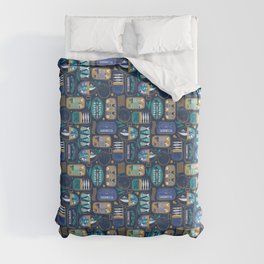 Vintage canned sardines // navy blue background peacock teal and electric blue cans  Duvet Cover