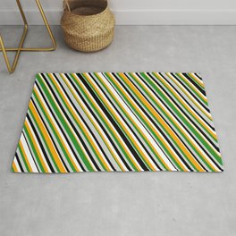 [ Thumbnail: Orange, Forest Green, Light Grey, Black & White Colored Striped Pattern Rug ]