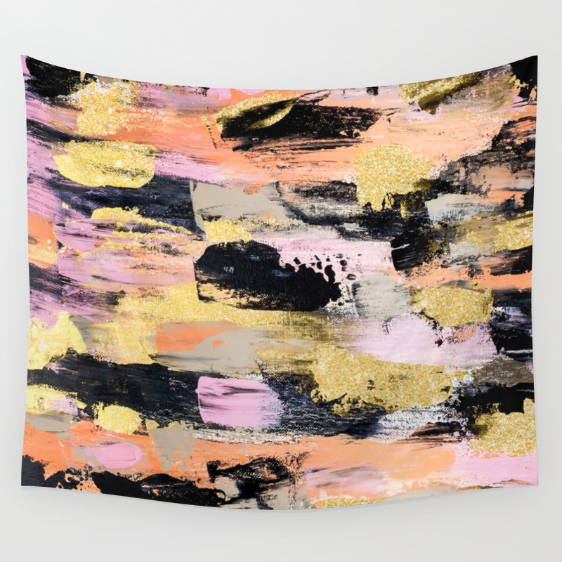 Modern Abstract Black Pink Salmon Gold Hand Painted Acrylic
