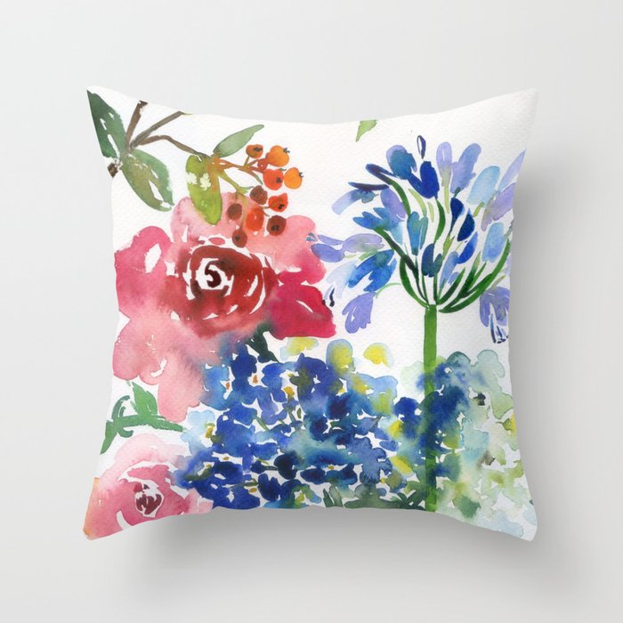 roses and hydrangeas in the garden Throw Pillow