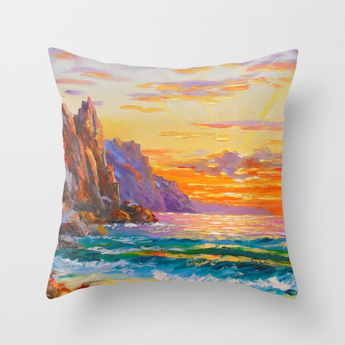 Sunset on the rocky shore Throw Pillow