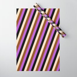 [ Thumbnail: Bisque, Brown, Orchid & Black Colored Striped Pattern Wrapping Paper ]
