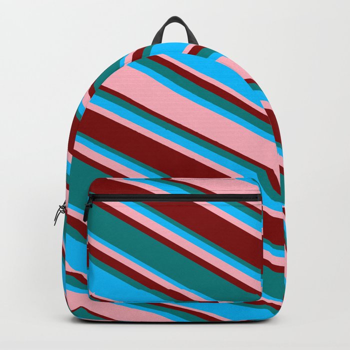 Teal, Deep Sky Blue, Light Pink, and Maroon Colored Striped Pattern Backpack