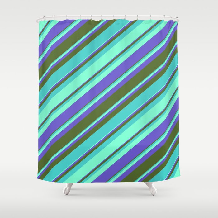 Aquamarine, Slate Blue, Dark Olive Green, and Turquoise Colored Lines Pattern Shower Curtain