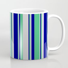 [ Thumbnail: Blue, Sea Green, and Light Grey Colored Lines/Stripes Pattern Coffee Mug ]