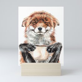 " Morning fox " Red fox with her morning coffee Mini Art Print