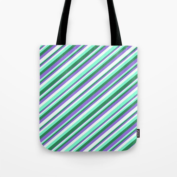 Purple, Mint Cream, Aquamarine & Sea Green Colored Striped Pattern Tote Bag