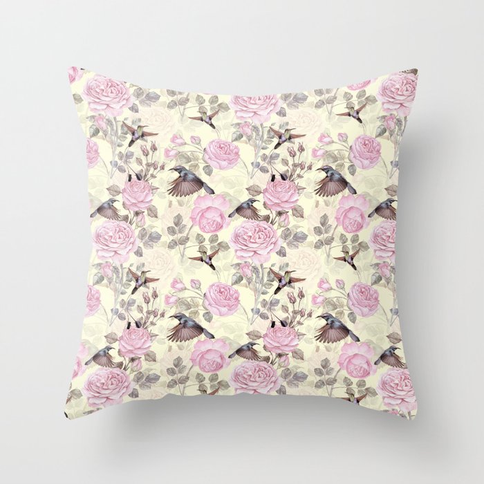Vintage Shabby Chic Lush Pastel Roses And Hummingbird Pattern