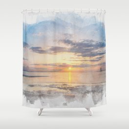 Sunset at Breakwater Lighthouse Watercolor Coastal Shower Curtain