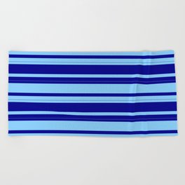 [ Thumbnail: Dark Blue and Light Sky Blue Colored Stripes Pattern Beach Towel ]