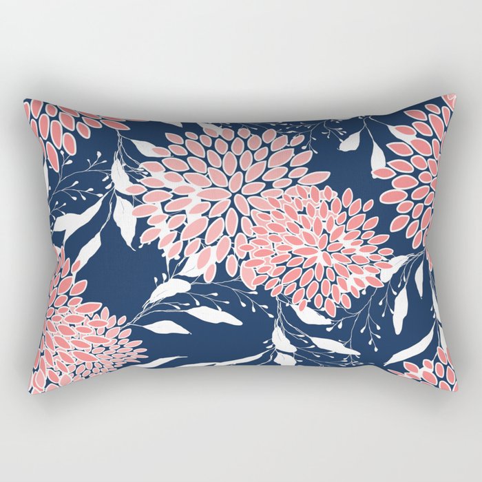 Festive, Floral Prints and Leaves, Pink, White and Navy Blue Rectangular Pillow
