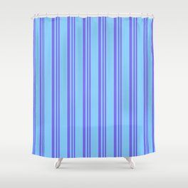 [ Thumbnail: Medium Slate Blue and Light Sky Blue Colored Pattern of Stripes Shower Curtain ]