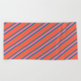 [ Thumbnail: Violet, Teal & Red Colored Lines/Stripes Pattern Beach Towel ]