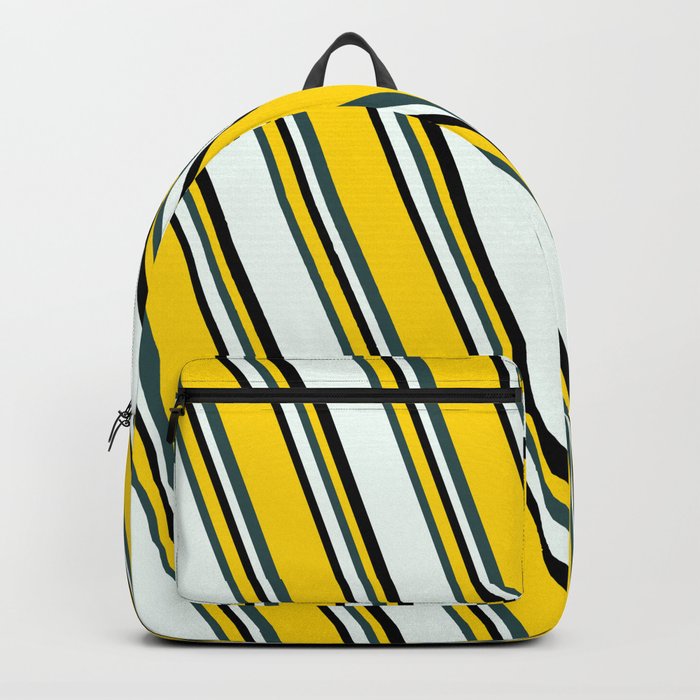Yellow, Dark Slate Gray, Mint Cream & Black Colored Stripes/Lines Pattern Backpack