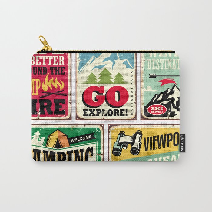 Hiking and camping retro signs collection. Outdoor activities vintage posters set. Wilderness and adventures illustration.  Carry-All Pouch