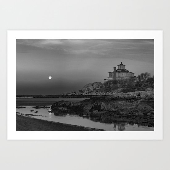 Full "Pink" Moon at Good Harbor Beach BW Art Print