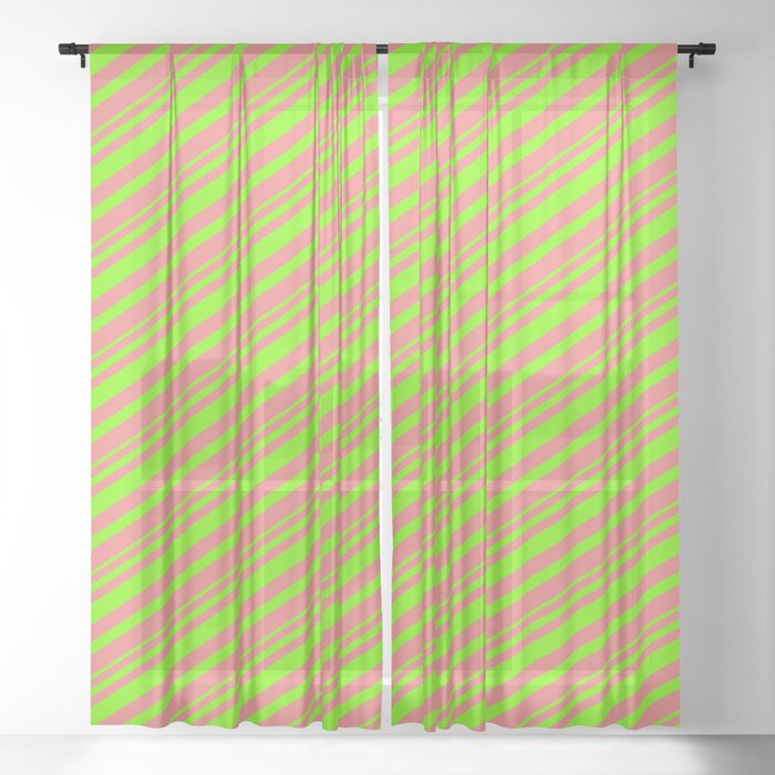 Light Coral & Green Colored Striped Pattern Sheer Curtain