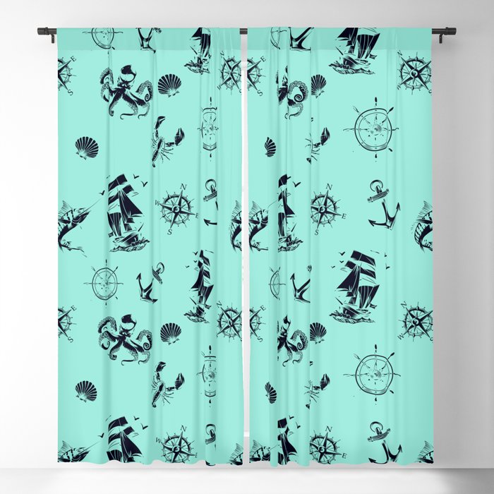 Mint Blue And Blue Silhouettes Of Vintage Nautical Pattern Blackout Curtain
