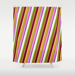 [ Thumbnail: Eyecatching Goldenrod, Green, Violet, Maroon & Light Cyan Colored Striped/Lined Pattern Shower Curtain ]