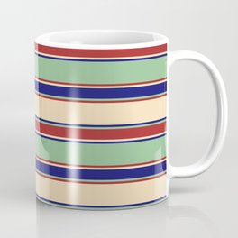 [ Thumbnail: Tan, Midnight Blue, Dark Sea Green & Brown Colored Striped/Lined Pattern Coffee Mug ]