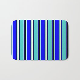 [ Thumbnail: Blue, Light Yellow, Turquoise, and Black Colored Striped/Lined Pattern Bath Mat ]
