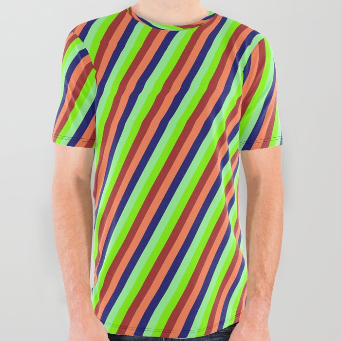 Vibrant Green, Chartreuse, Brown, Coral, and Midnight Blue Colored Lines/Stripes Pattern All Over Graphic Tee