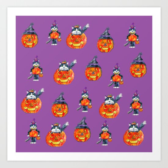 Black Cats and Jack-o-lanterns Art Print