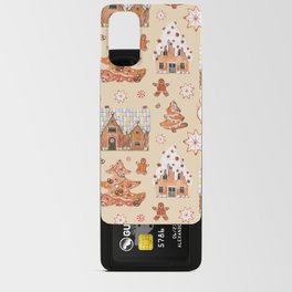 Hand drawn watercolour seamless pattern of gingerbread houses, christmas tree, snowman, snowflakes with the sweets on the beige background.  Android Card Case