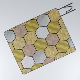 Golden honeycomb on black geometric Picnic Blanket