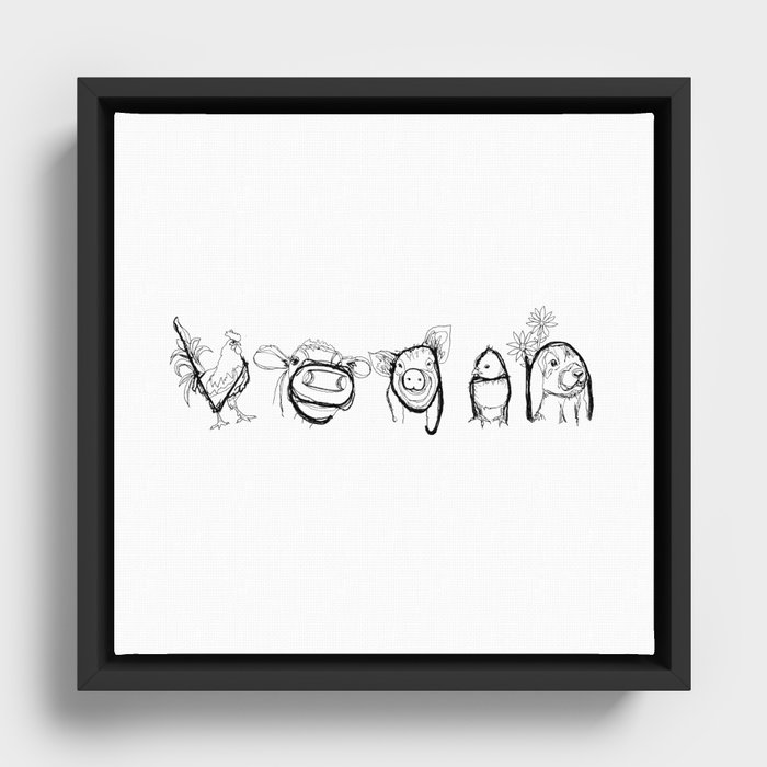 VEGAN drawing (rooster/cow/pig/chick/bunny), prints/clothing/wall tapestry/coffee mug/home decor Framed Canvas
