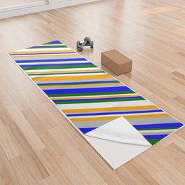 [ Thumbnail: Eyecatching Grey, Blue, Dark Green, White, and Orange Colored Stripes/Lines Pattern Yoga Towel ]