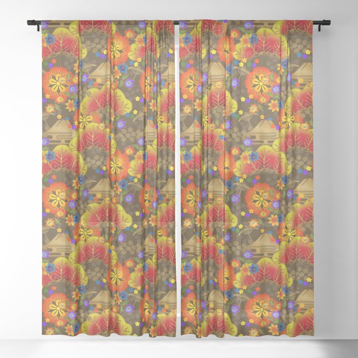 Japanese fall pattern on Brown Sheer Curtain
